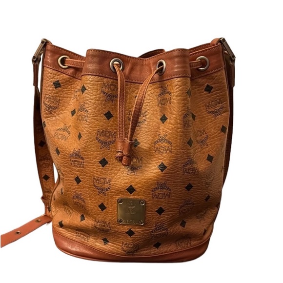 Handbags - MCM Visetos Cognac Brown Drawstring Leather Bucket Shoulder Bag (Germany)